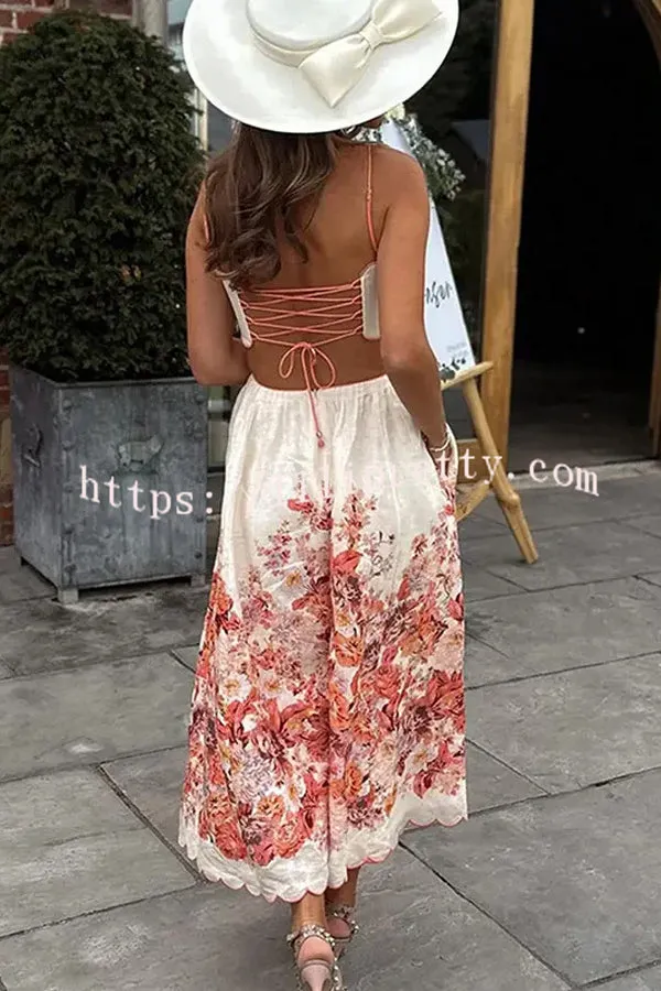 Cabo Sunsets Floral Print Petal Trim Back Lace-up Pocket Midi Dress