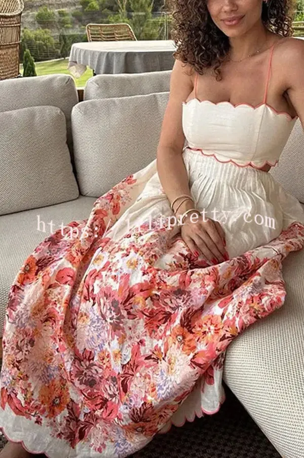 Cabo Sunsets Floral Print Petal Trim Back Lace-up Pocket Midi Dress