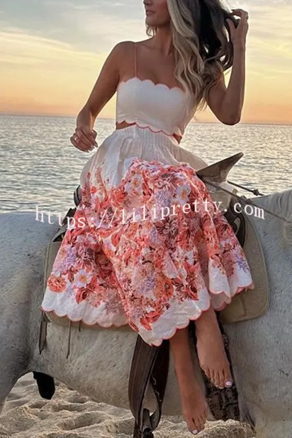 Cabo Sunsets Floral Print Petal Trim Back Lace-up Pocket Midi Dress