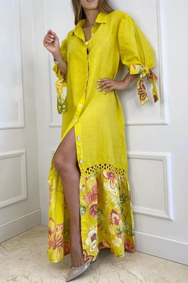 Casual Print Patchwork Turndown Collar Shirt Dress Dresses(5 Colors)