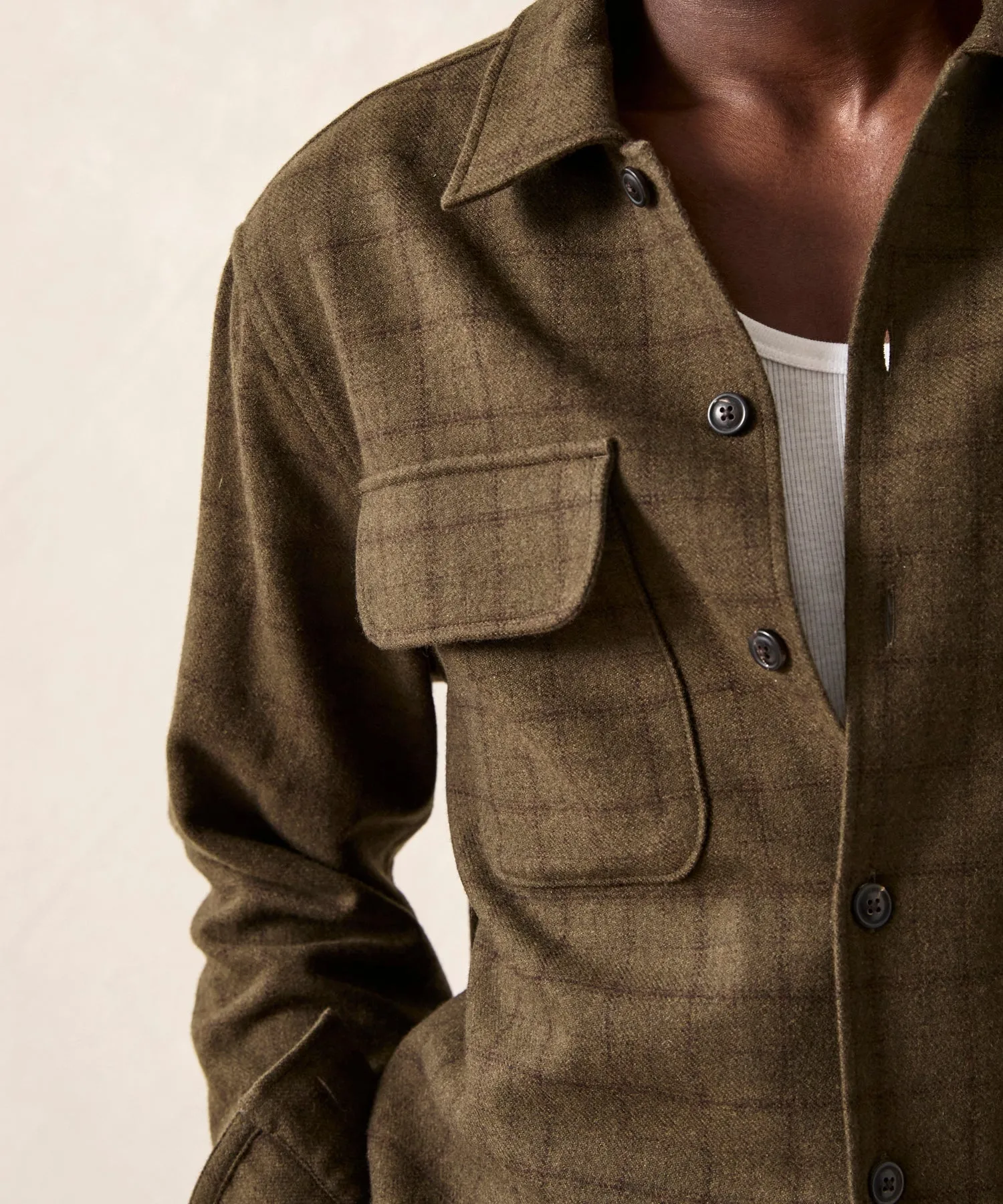 Classic Fit Italian Wool Field Overshirt in Olive Plaid