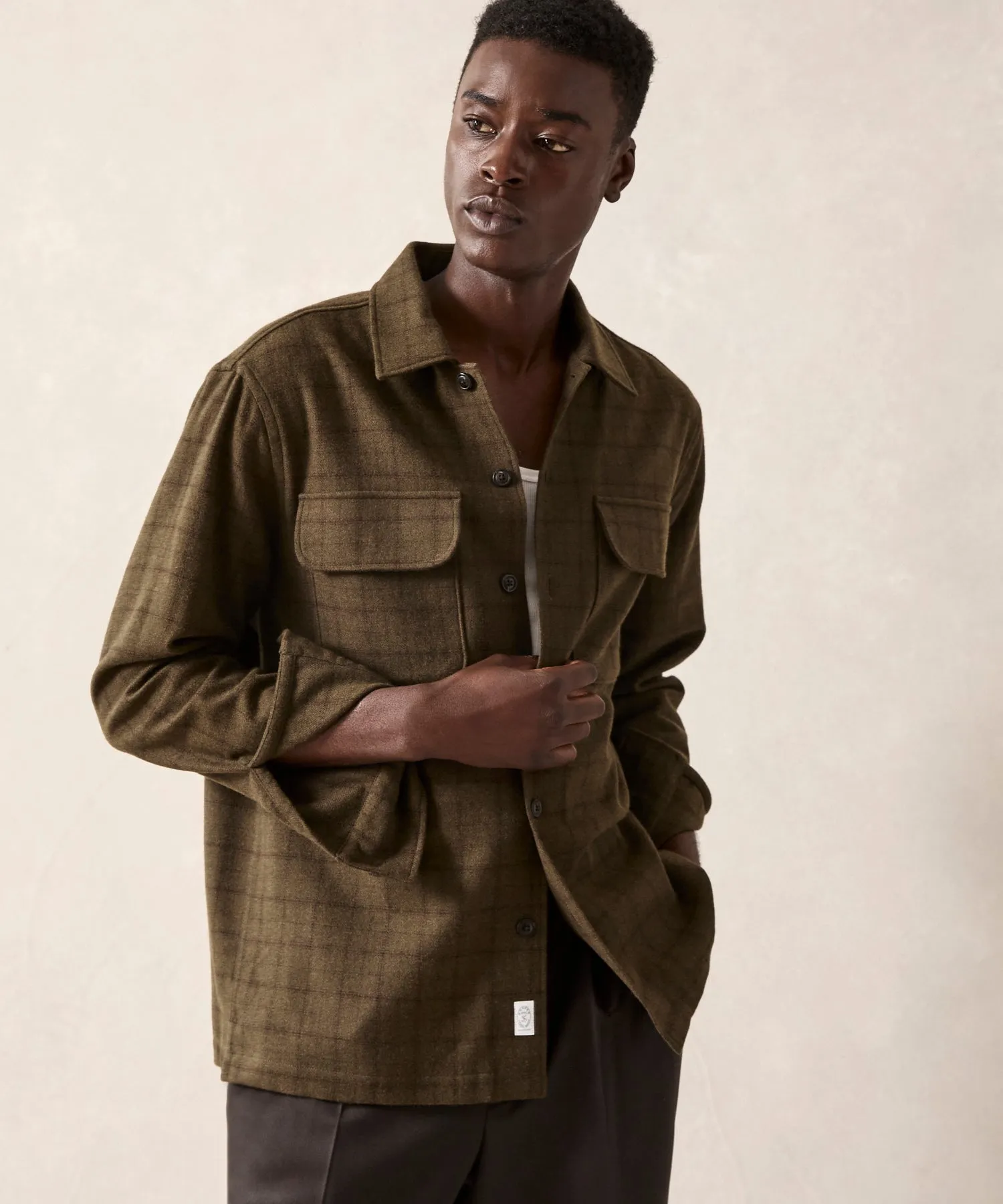 Classic Fit Italian Wool Field Overshirt in Olive Plaid