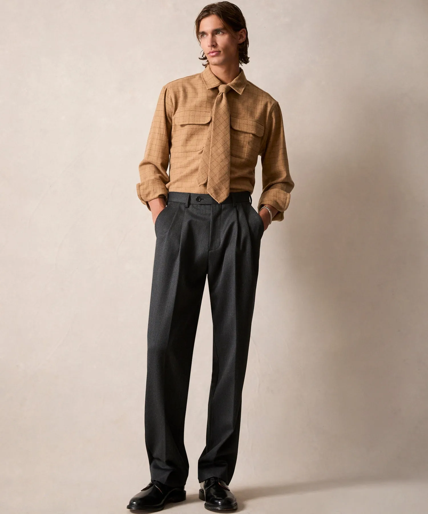 Classic Fit Italian Wool Field Overshirt in Tan Check