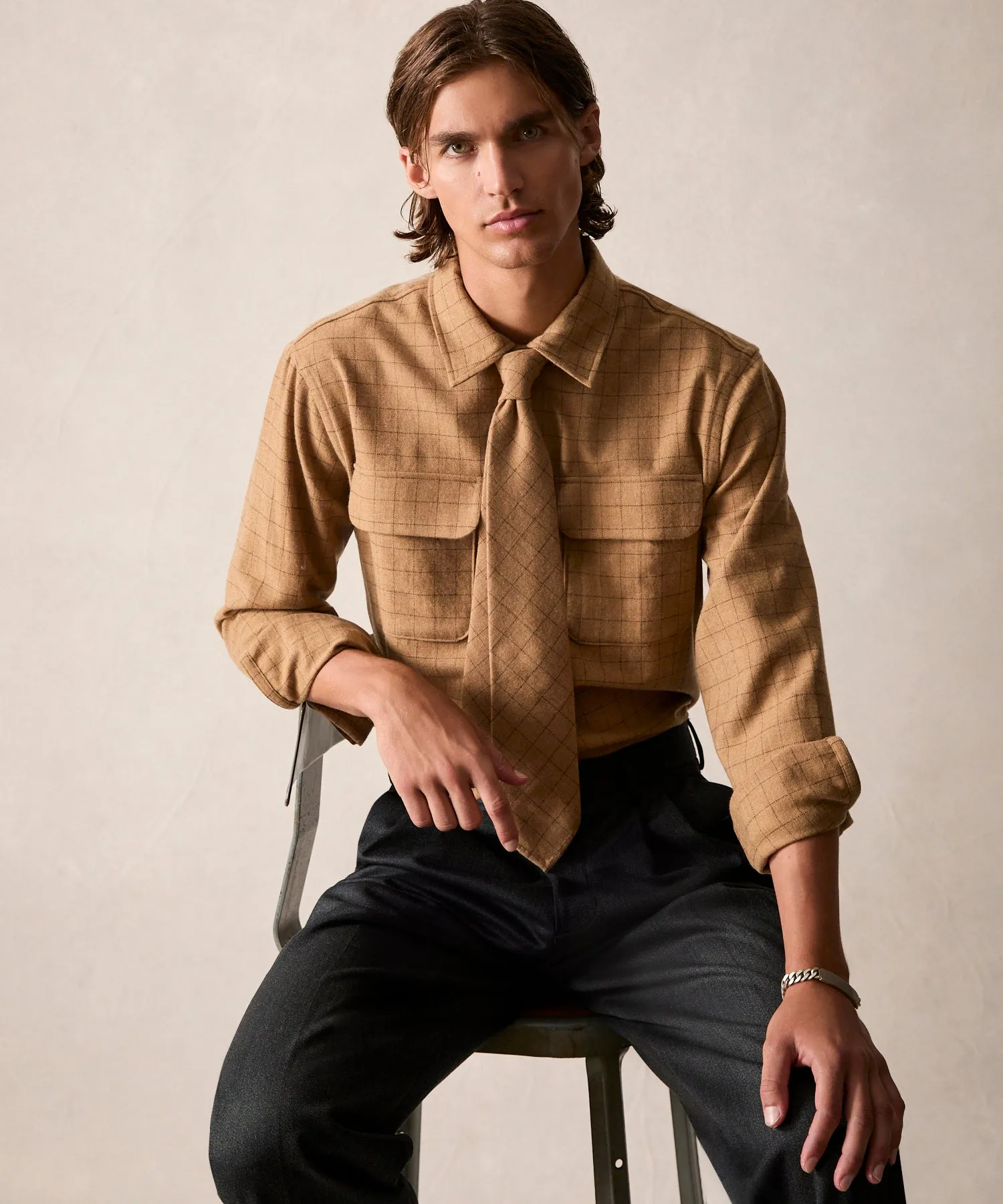 Classic Fit Italian Wool Field Overshirt in Tan Check