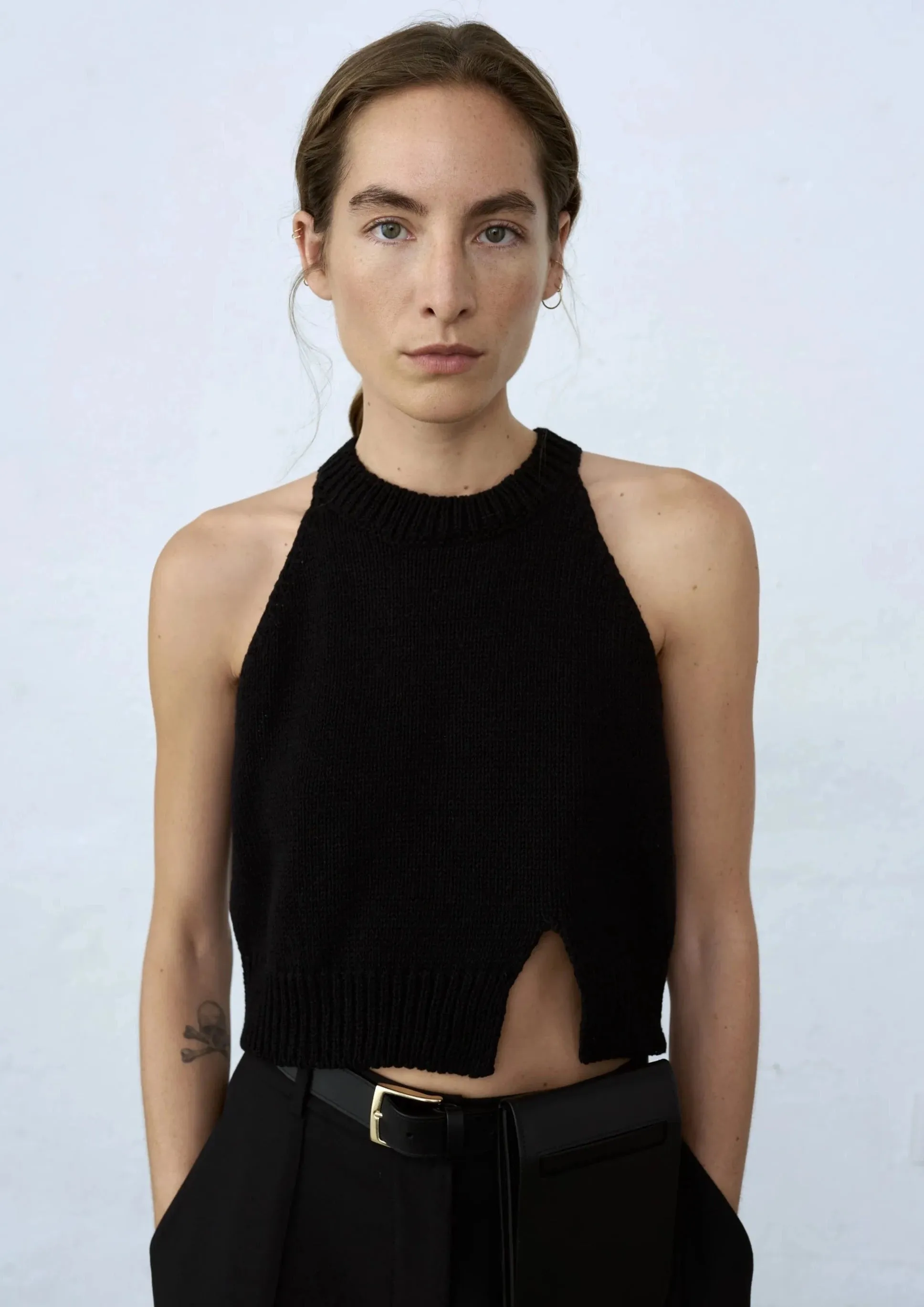 Cotton Halter Opening Top, Black