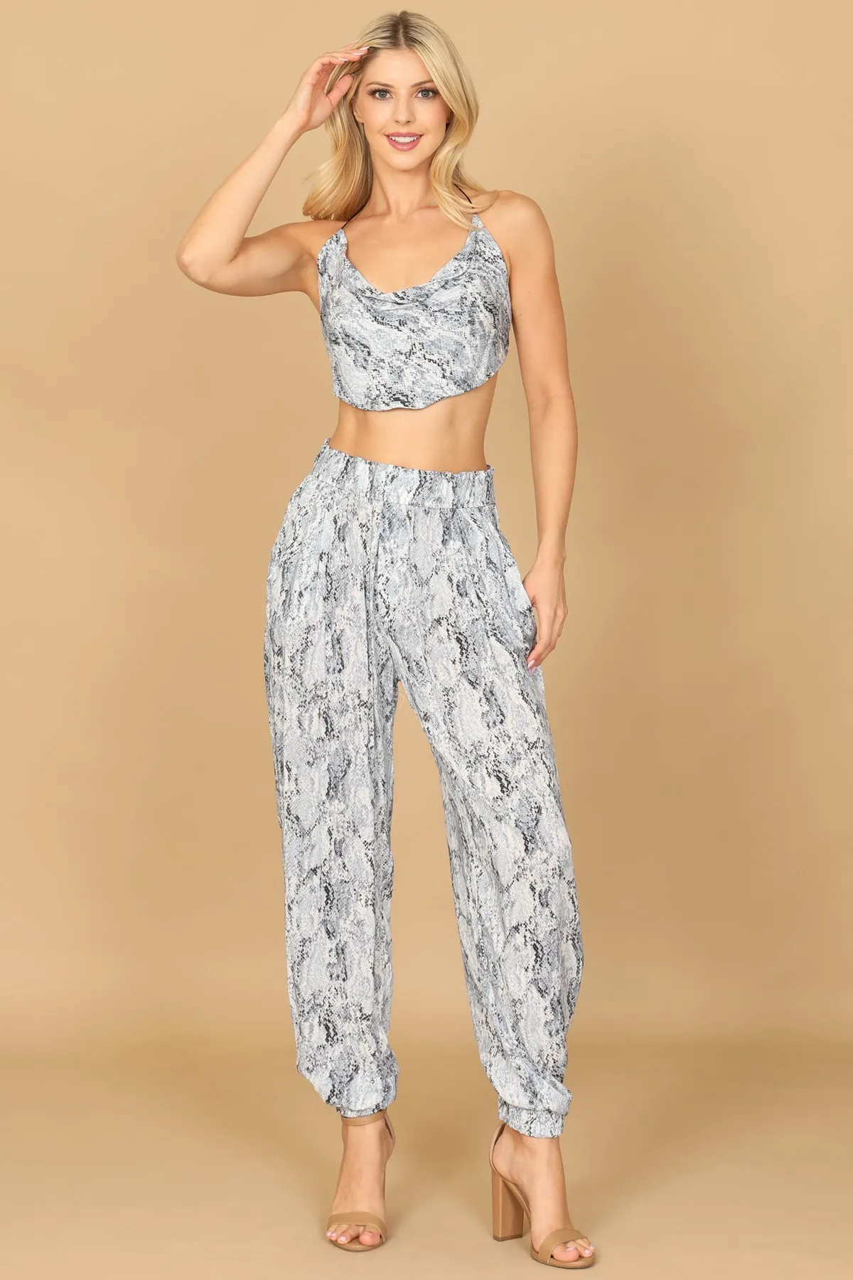 COWL NECK HALTER SNAKE PRINT TOP & PANTS SET