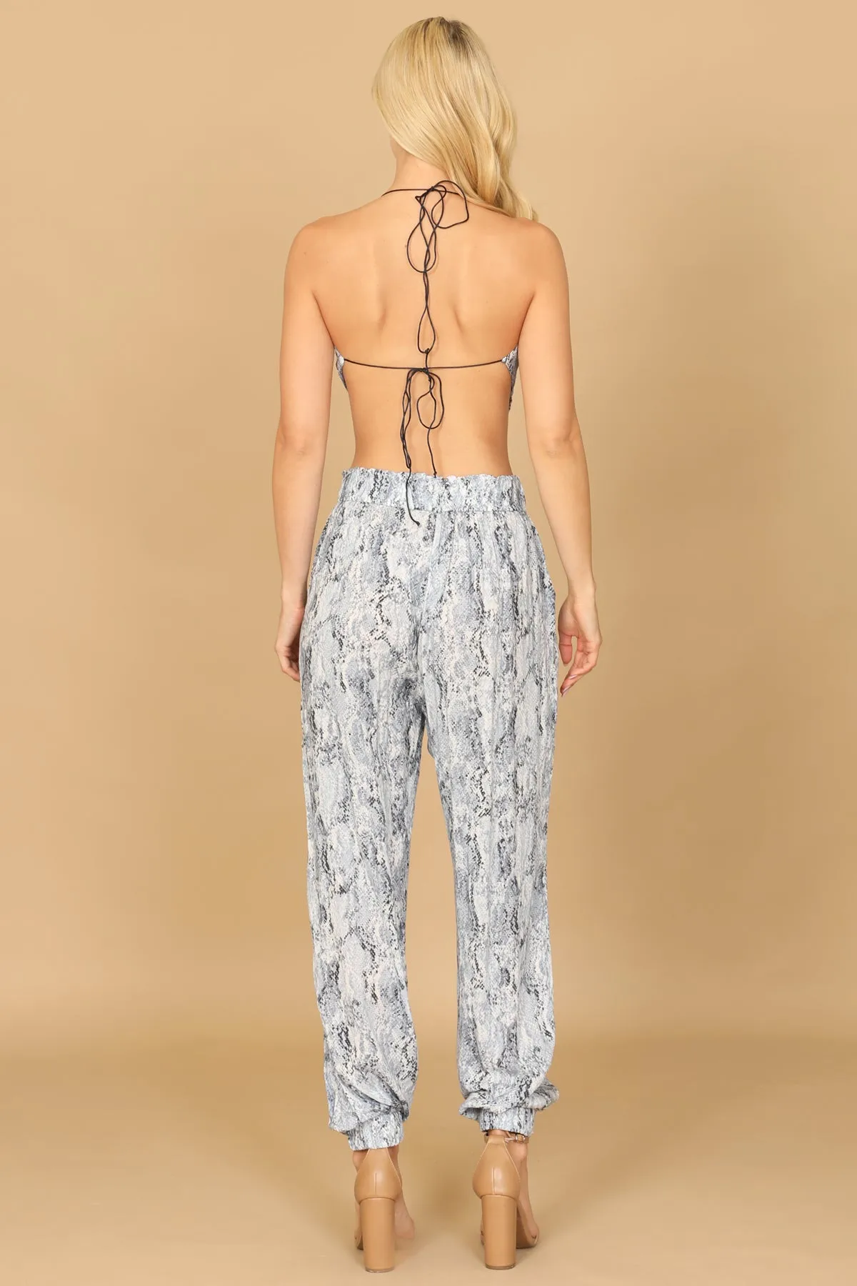 COWL NECK HALTER SNAKE PRINT TOP & PANTS SET