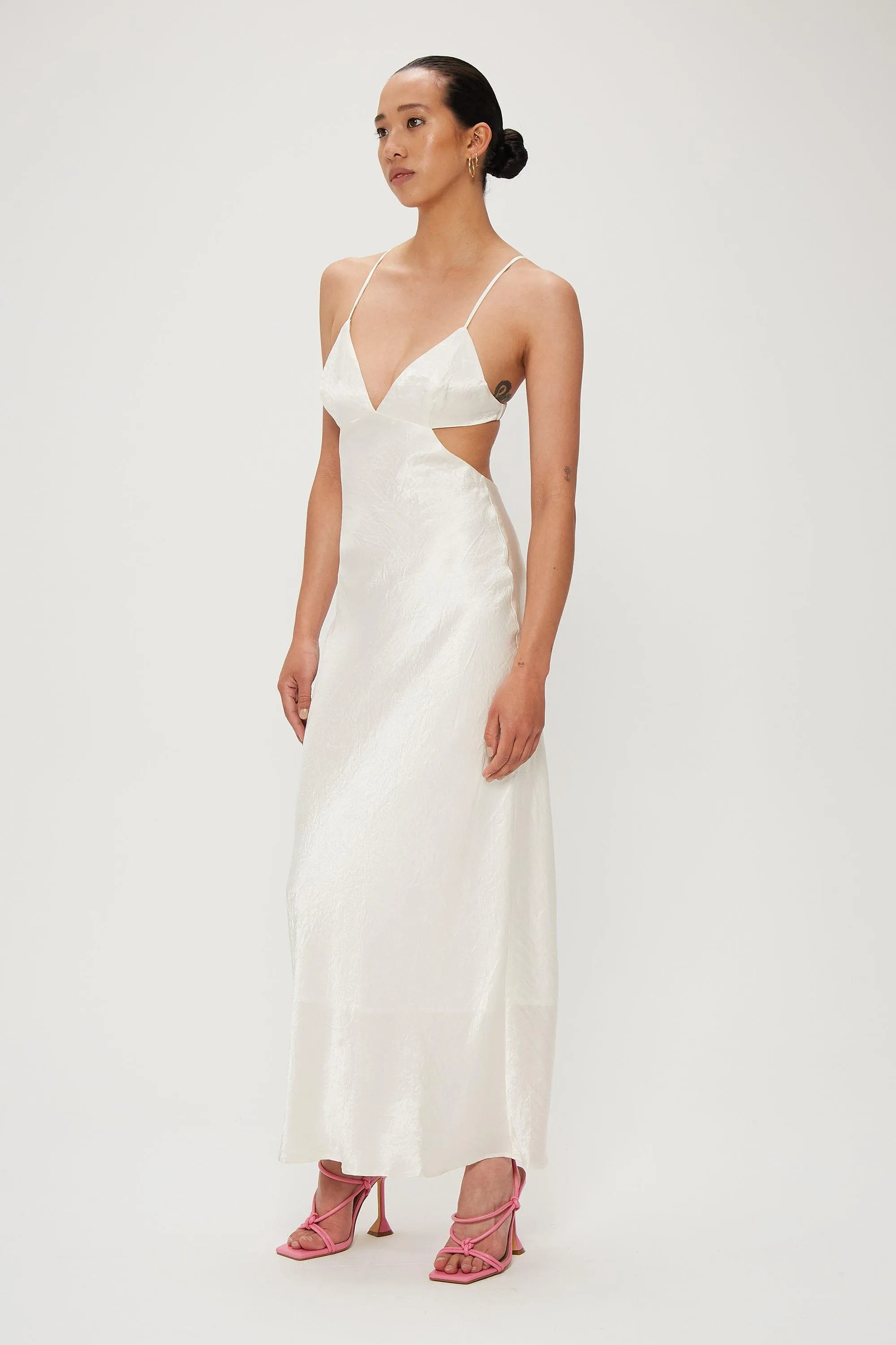 CRUSH BIAS TRI MIDI DRESS | CREAM