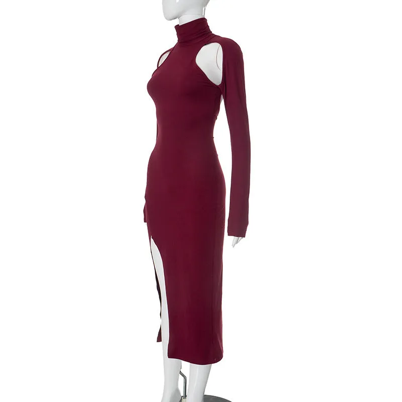 Cut Out Long Sleeve Turtleneck Midi Dress