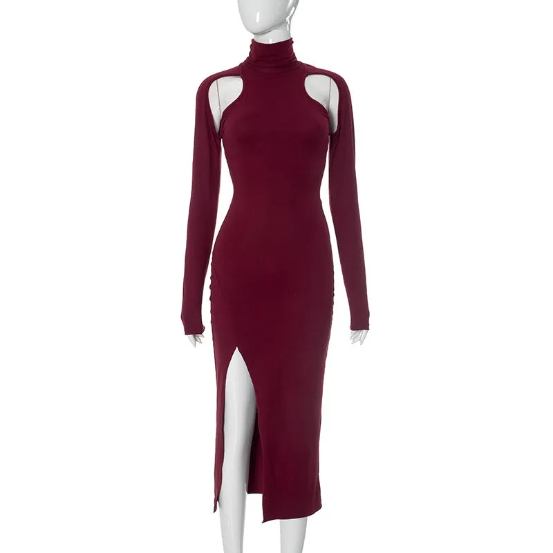 Cut Out Long Sleeve Turtleneck Midi Dress