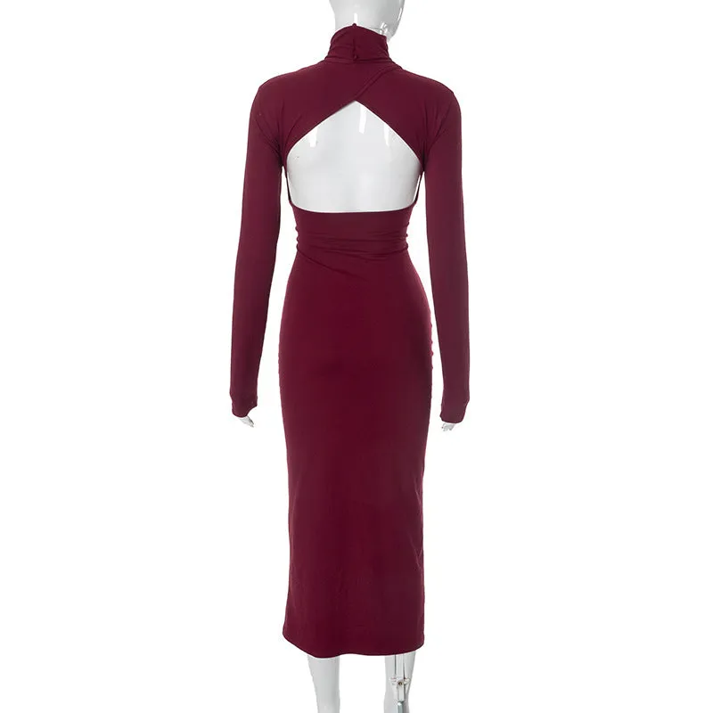 Cut Out Long Sleeve Turtleneck Midi Dress