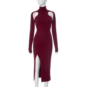 Cut Out Long Sleeve Turtleneck Midi Dress