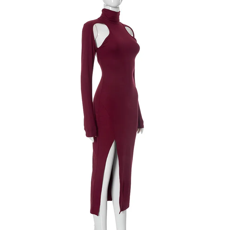 Cut Out Long Sleeve Turtleneck Midi Dress