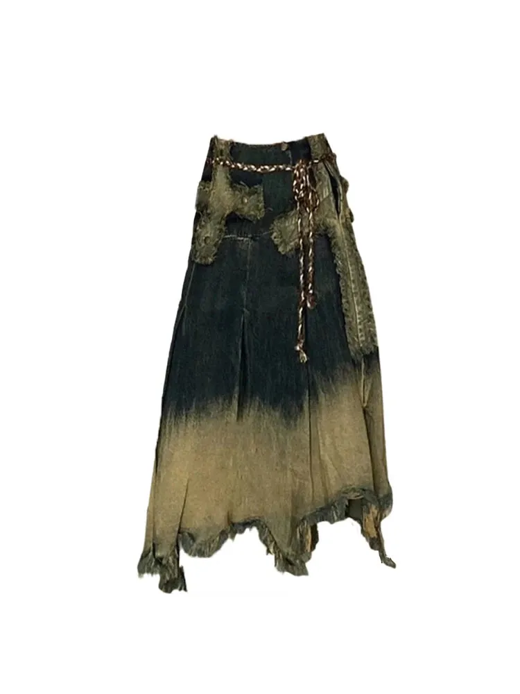 Denim Long Skirt Y2k Vintage Print Skirts 90s Aesthetic Streetwear Fashion A-Line Denim Jean Skirt