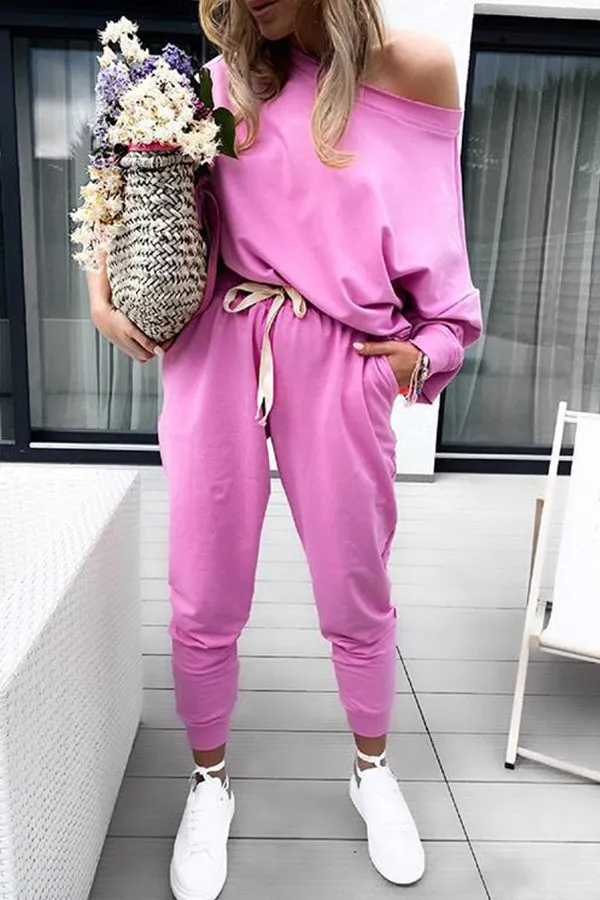 Dew Shoulder Loose Hoodie Pants Set