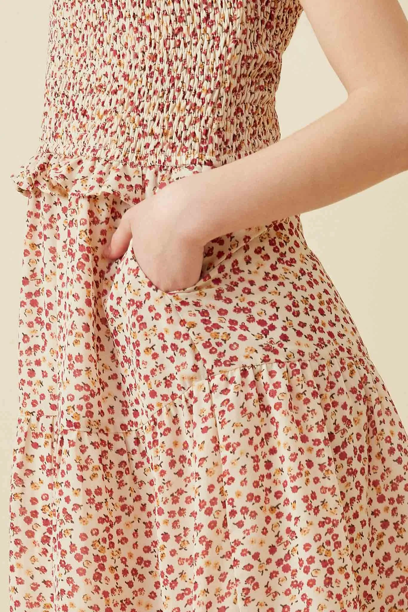 Ditsy Floral Smocked Tie Shoulder Dress