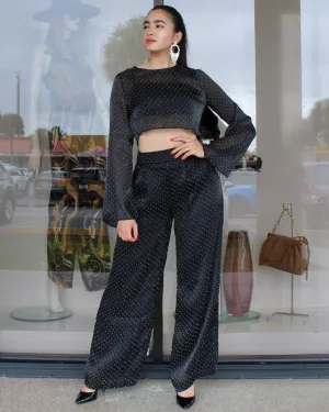 Dreaming Of You Rhinestone Silk Long Sleeve 2 Piece Pant Set Black