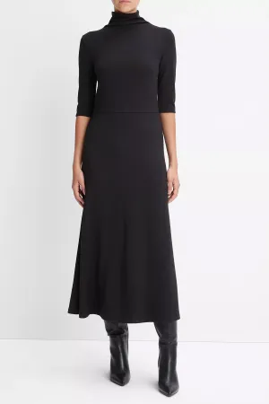 Elbow-Sleeve Turtleneck Dress in Black
