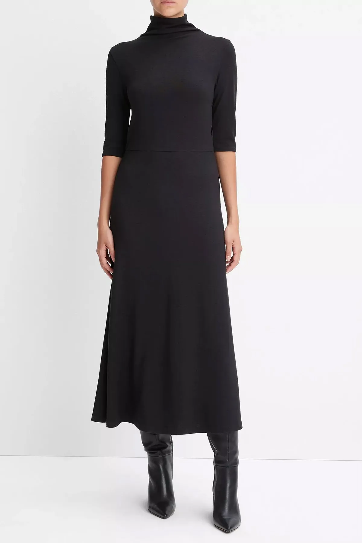 Elbow-Sleeve Turtleneck Dress in Black