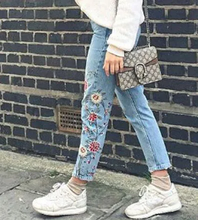 Embroidered High-rise Slim Denim Cropped Pants