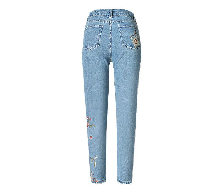 Embroidered High-rise Slim Denim Cropped Pants