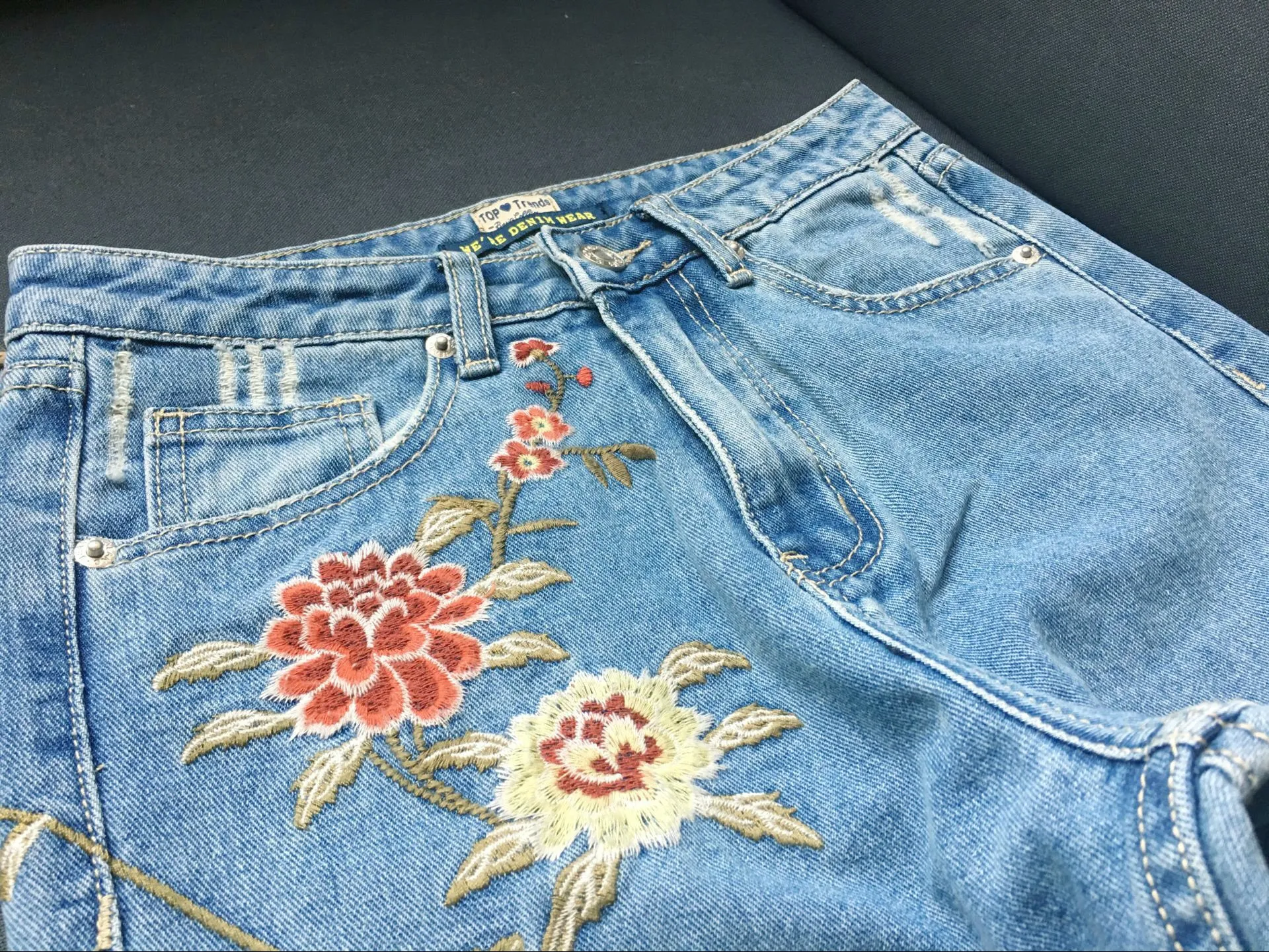 Embroidered High-rise Slim Denim Cropped Pants