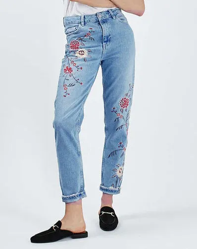 Embroidered High-rise Slim Denim Cropped Pants