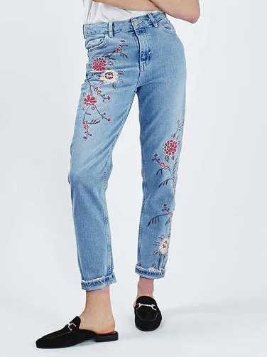Embroidered High-rise Slim Denim Cropped Pants