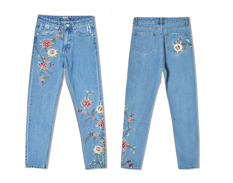 Embroidered High-rise Slim Denim Cropped Pants