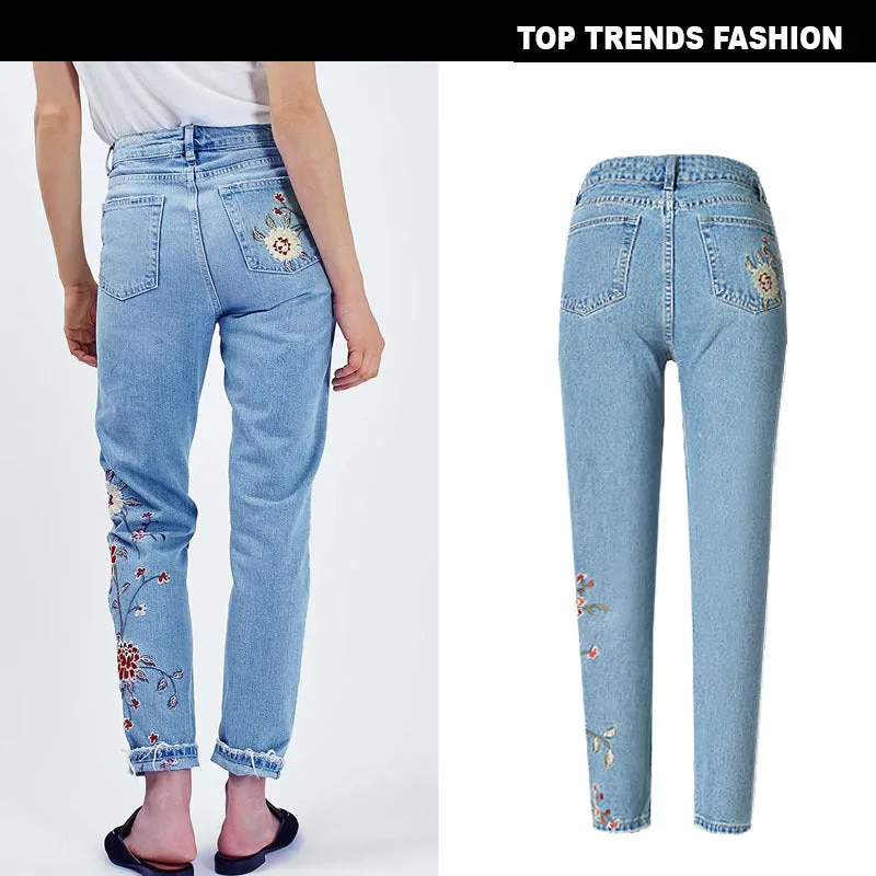 Embroidered High-rise Slim Denim Cropped Pants