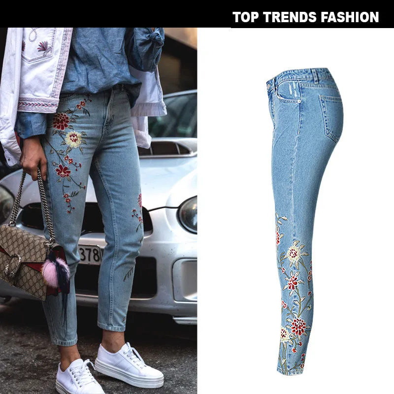 Embroidered High-rise Slim Denim Cropped Pants