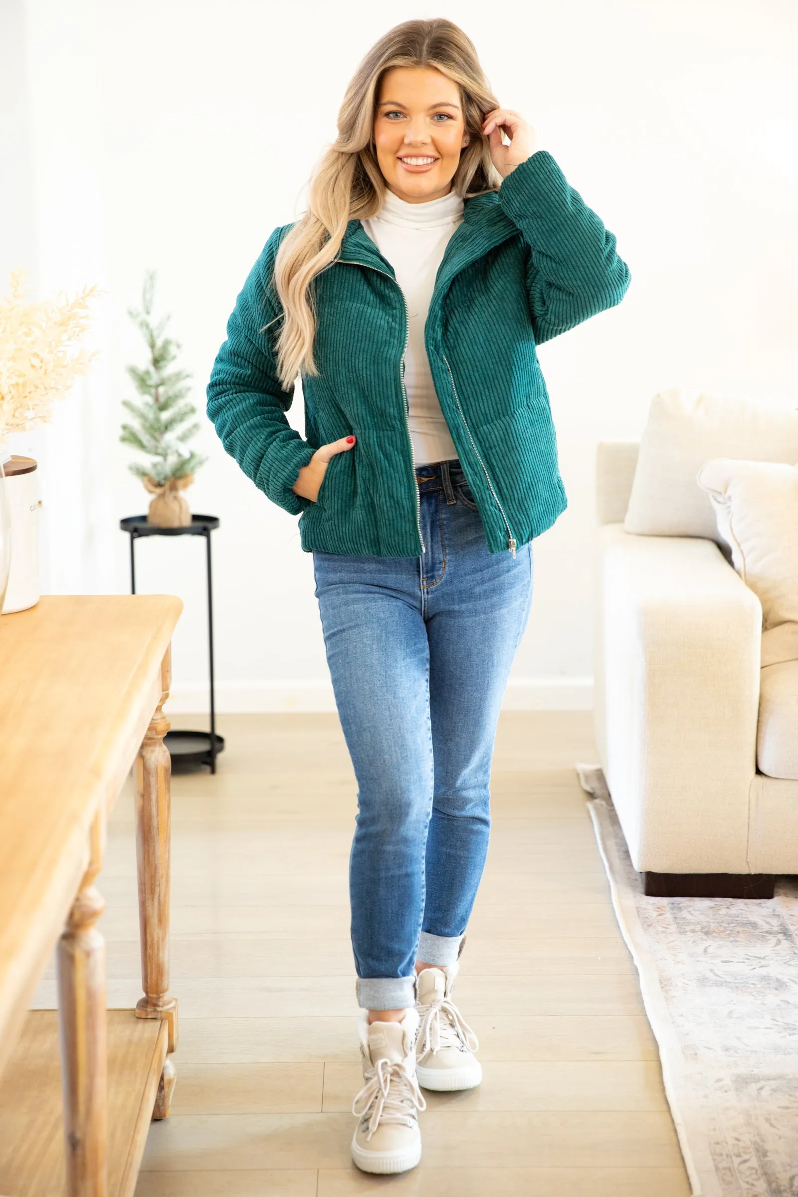 Emerald Green Corduroy Puffer Jacket