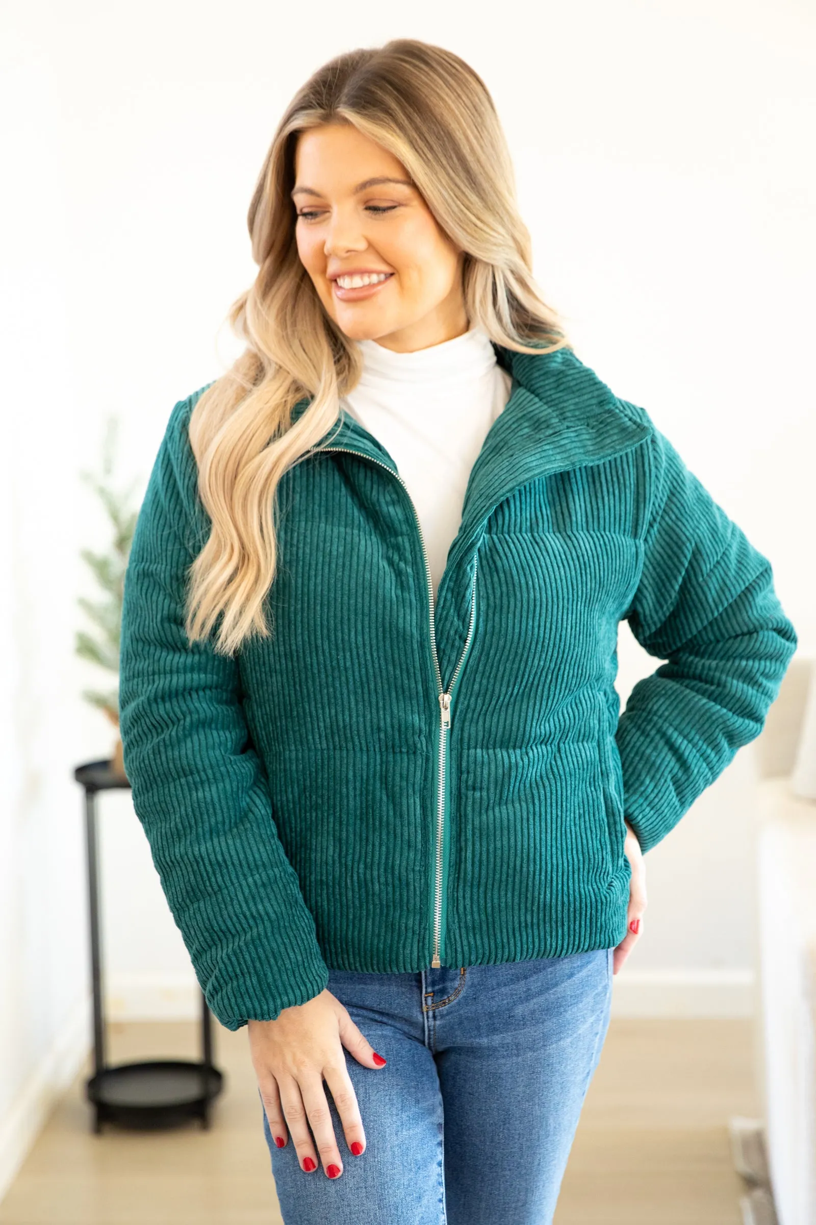 Emerald Green Corduroy Puffer Jacket