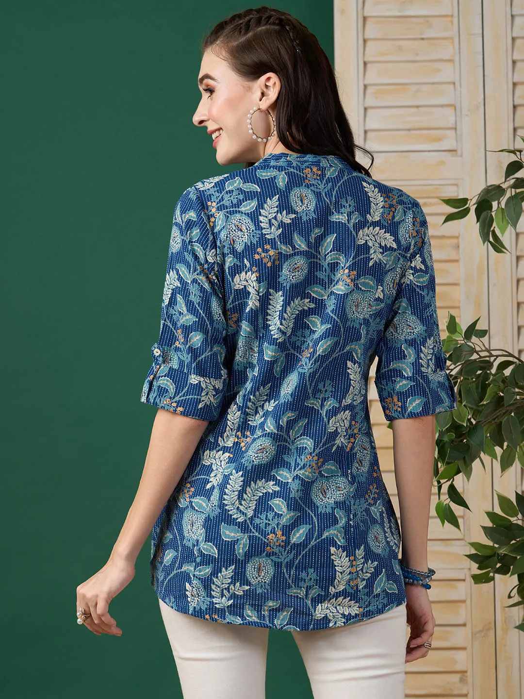 Exclusive Cotton Blue A-Line Tunic With Kantha work & Botanical Print For Women - ZOLA