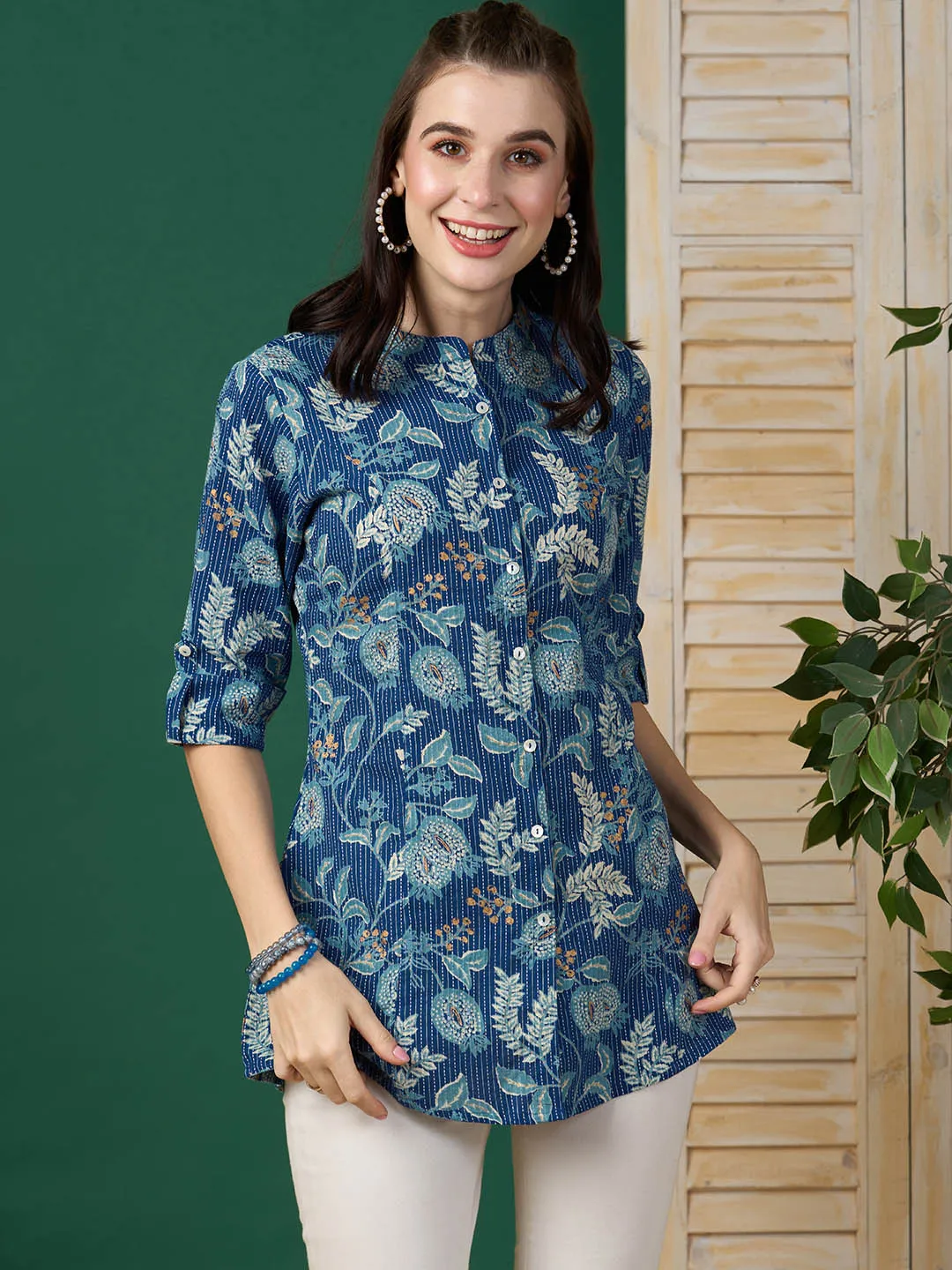 Exclusive Cotton Blue A-Line Tunic With Kantha work & Botanical Print For Women - ZOLA
