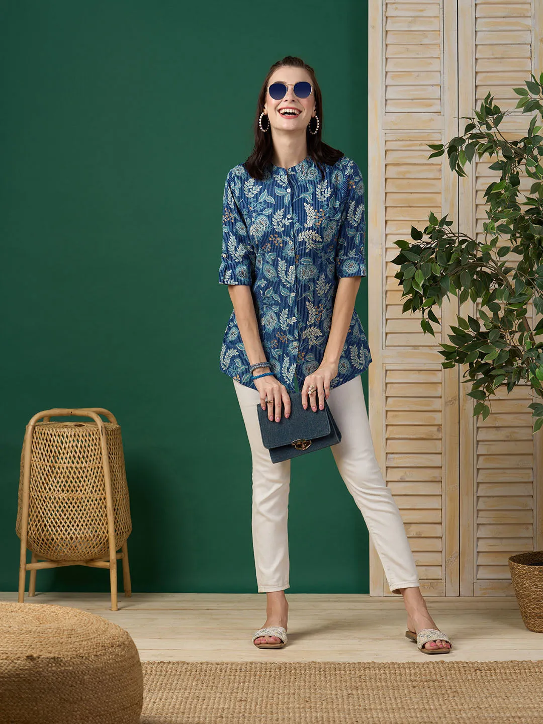 Exclusive Cotton Blue A-Line Tunic With Kantha work & Botanical Print For Women - ZOLA