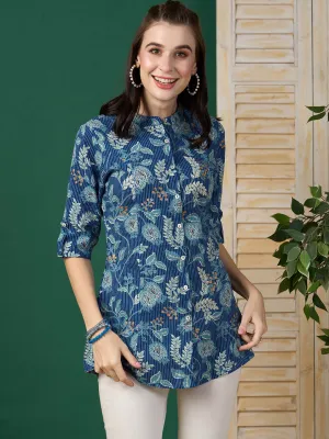 Exclusive Cotton Blue A-Line Tunic With Kantha work & Botanical Print For Women - ZOLA