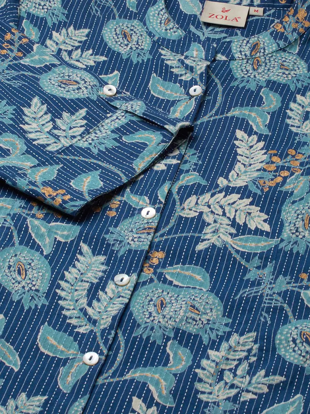 Exclusive Cotton Blue A-Line Tunic With Kantha work & Botanical Print For Women - ZOLA