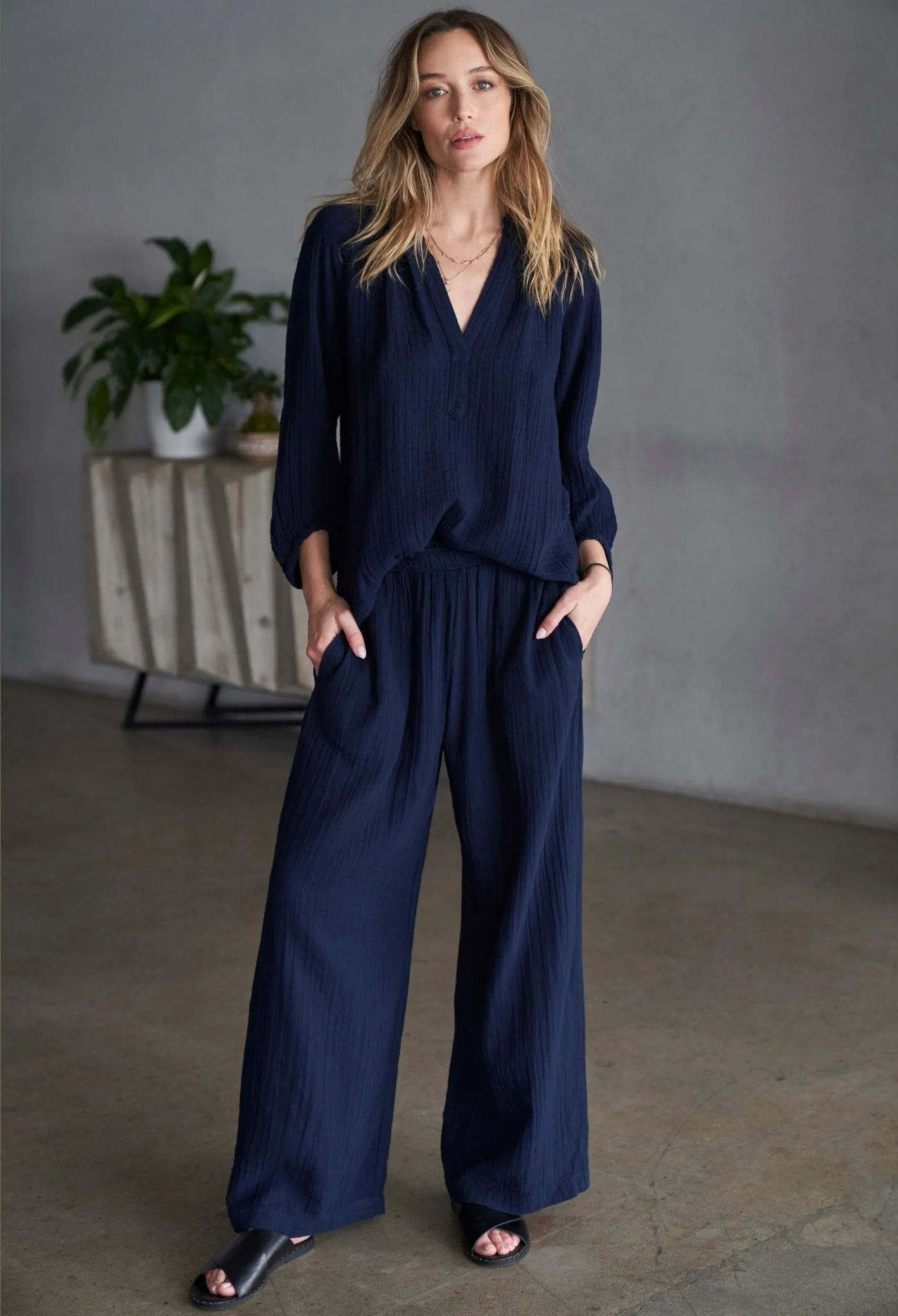 FEW LEFT!  Navy Gauze Palazzo Pant WITHOUT Satin Belt - Sale