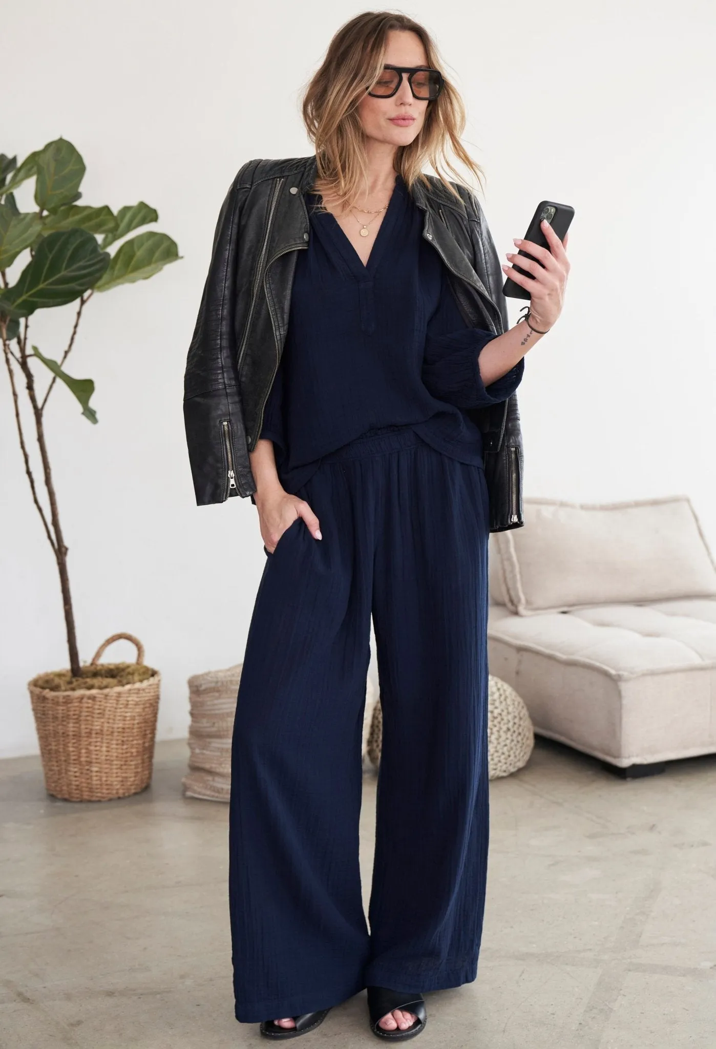 FEW LEFT!  Navy Gauze Palazzo Pant WITHOUT Satin Belt - Sale