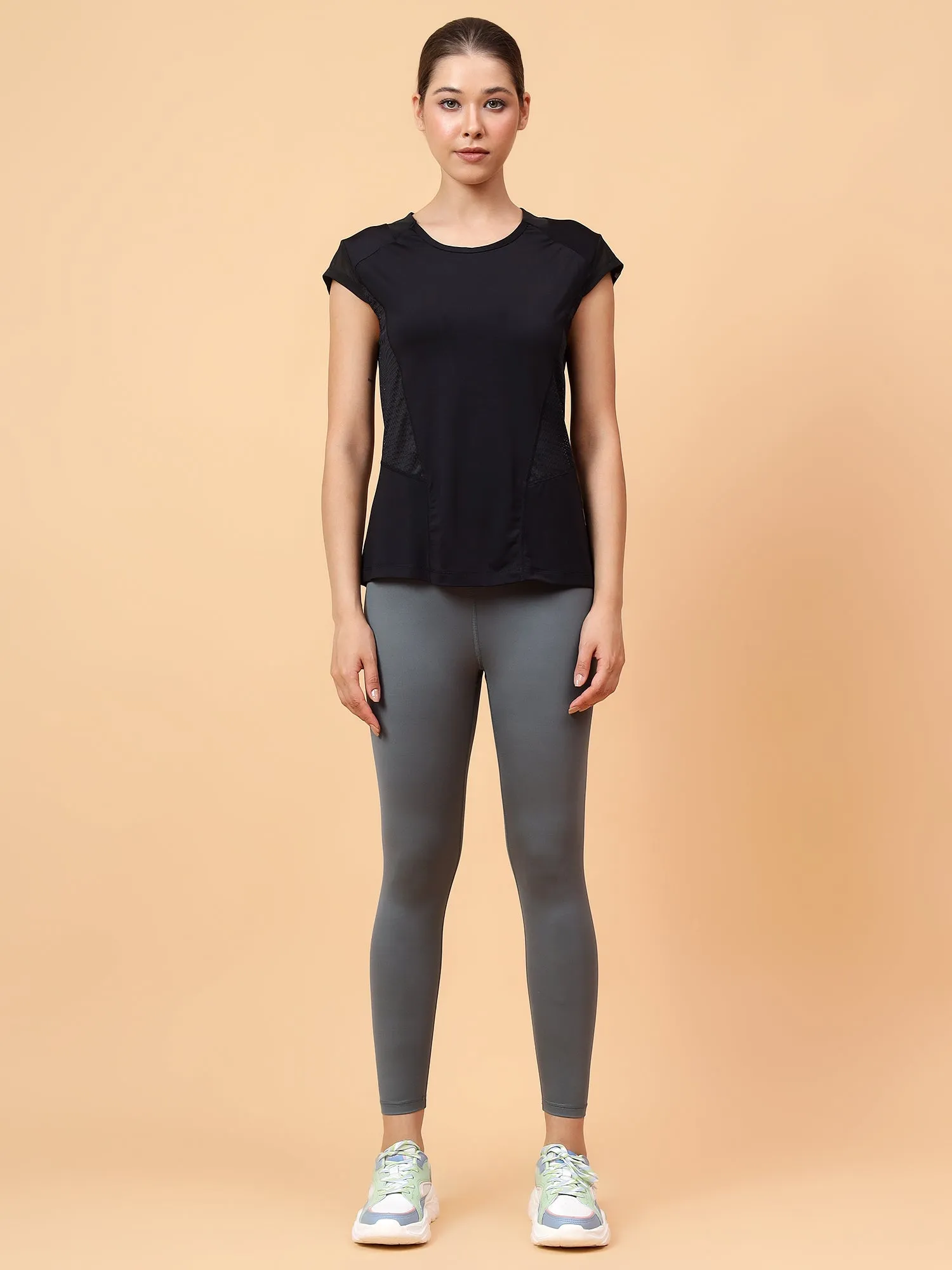 Fitkin Women's Black Solid Side Mesh Training Top