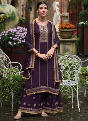 Flare and Flow Purple Embroidered Palazzo Suit