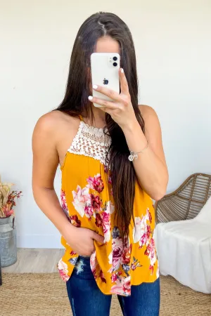 Floral Crochet Halter Tank Top- Mustard