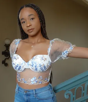 Floral Embroidered Mesh Top(White/Blue)