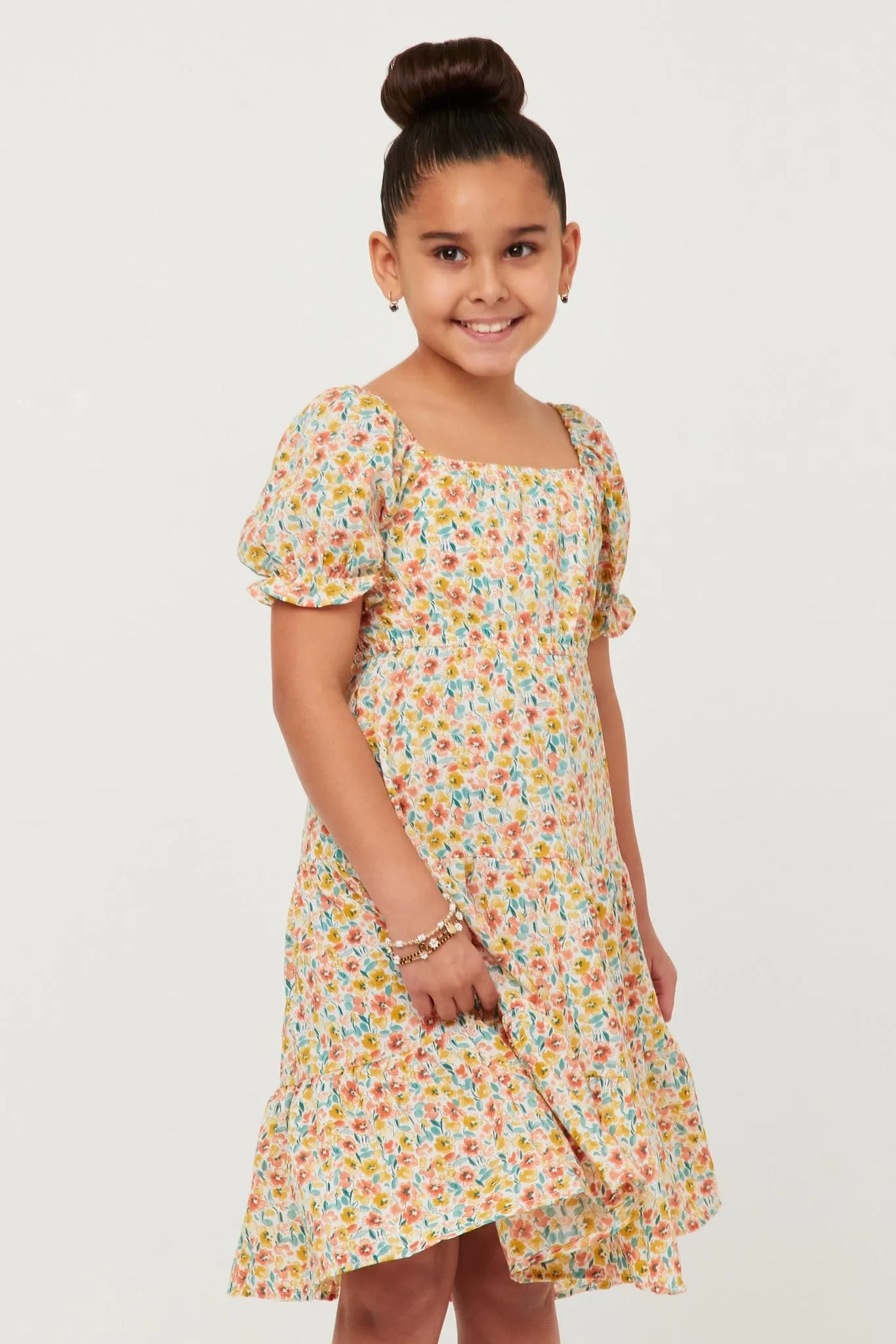 Floral Print Smocked Back Square Neck Puff Sleeve Dress