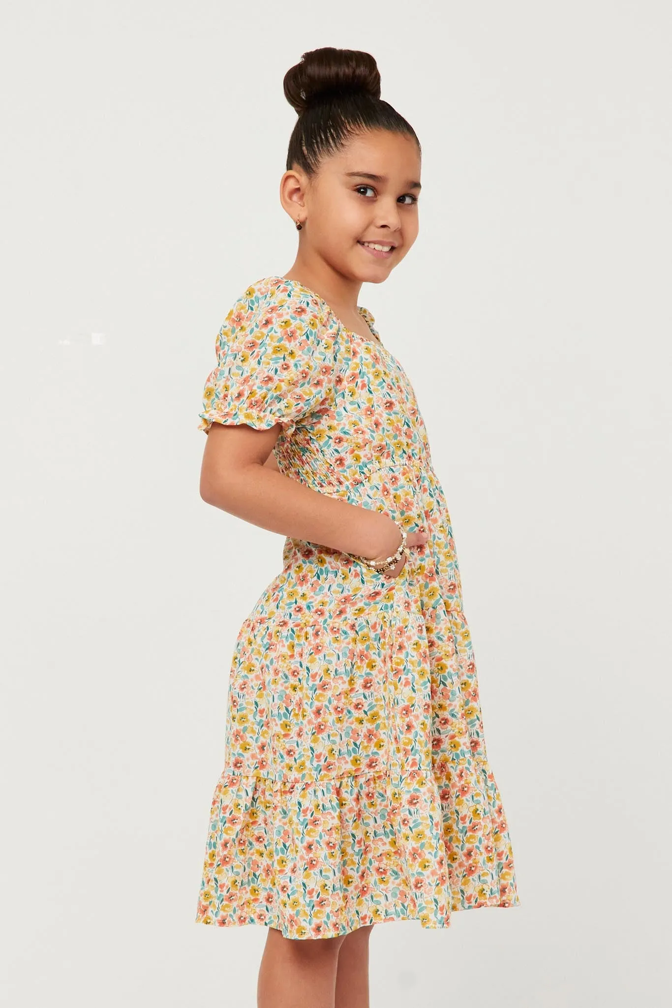 Floral Print Smocked Back Square Neck Puff Sleeve Dress