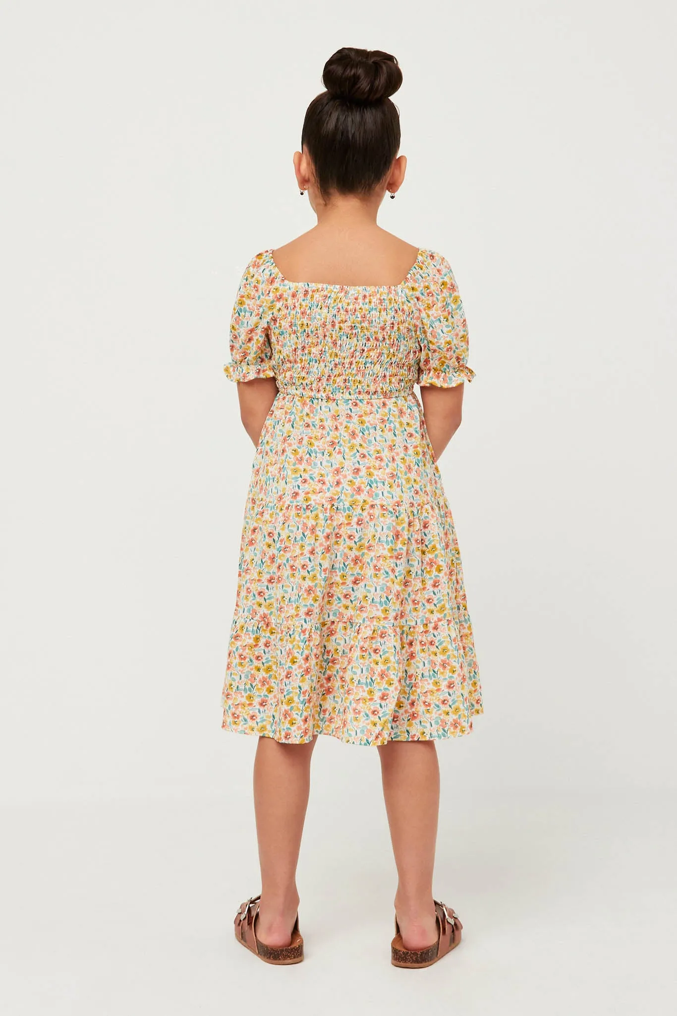 Floral Print Smocked Back Square Neck Puff Sleeve Dress
