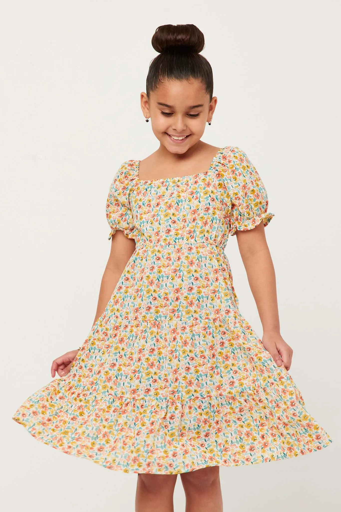 Floral Print Smocked Back Square Neck Puff Sleeve Dress