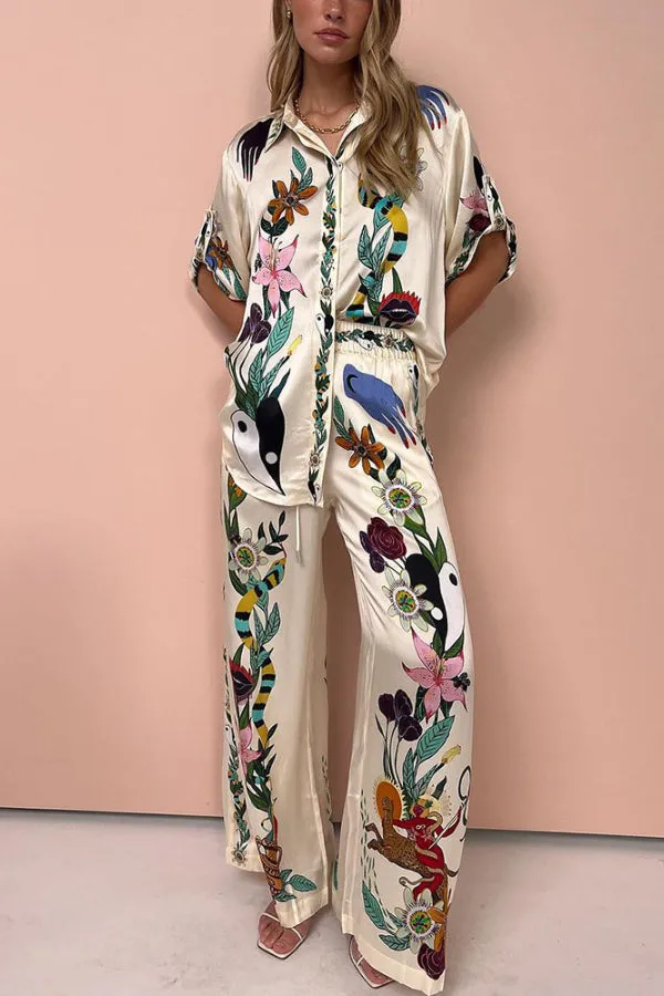Flower jungle print casual two-piece set
