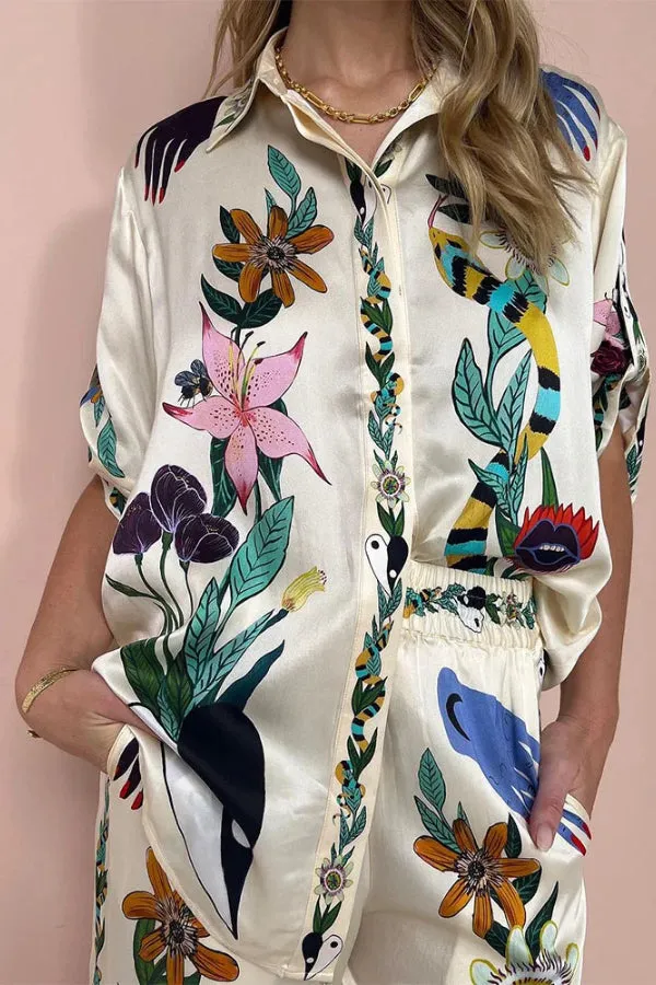Flower jungle print casual two-piece set